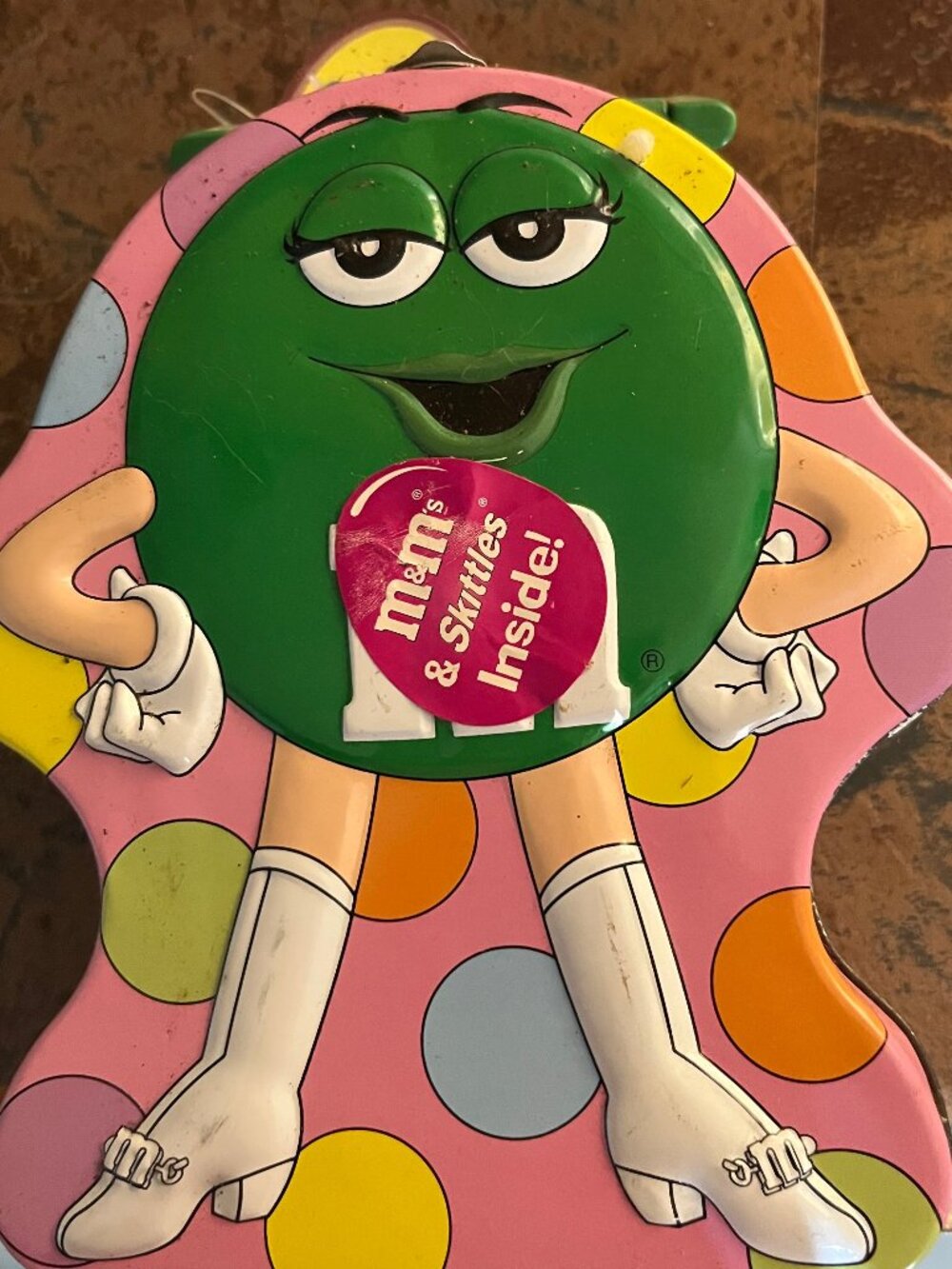 M&M's Green M&M Metal Candy Tin Pink Polka Dot Vintage Collectible
